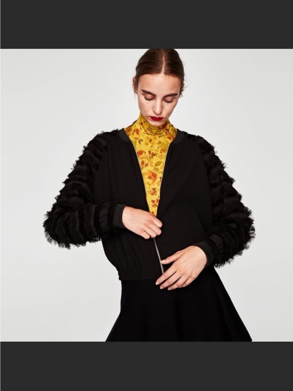 Zara Black Bomber Jacket with Textured Feathered Sleeves